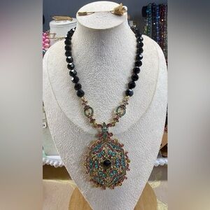Elegant Black Beads & Multicolor Pendant Necklace